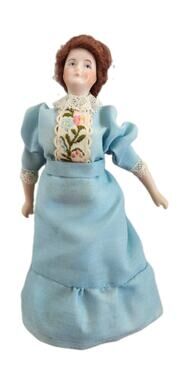 70s Kaiser Chicago bisque porcelain victorian doll 6" Needlepoint w Lace Dress